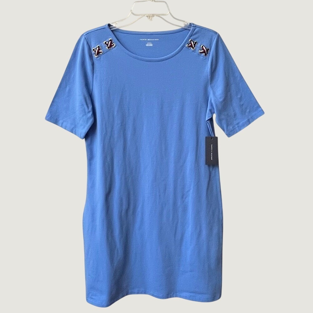 Tommy Hilfiger Short Sleeve Shift Dress Womens Medium Blue Stretchy NWT Preppy